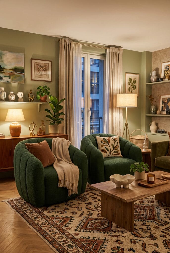 Décoration salon avec fauteuil cannelé enveloppant en laine bouclée vert bouteille apportant caractère intemporel et confort absolu