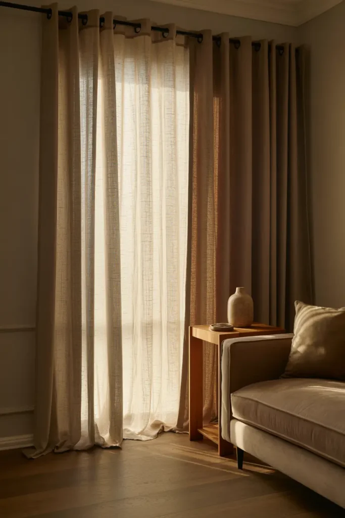 Double rideaux en lin écru et taupe du sol au plafond, filtrant la lumière naturelle dans un salon