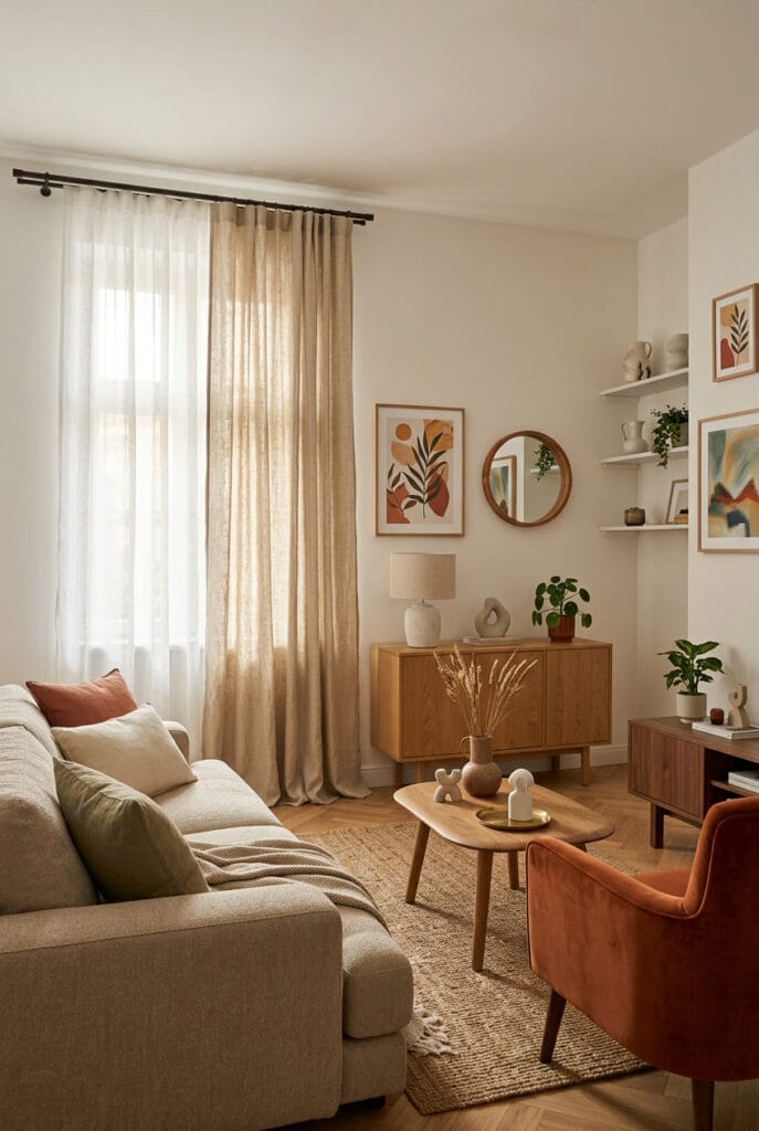 Décoration salon avec rideaux en lin à texture irrégulière diffusant une lumière tamisée douce et naturelle dans une atmosphère cosy et apaisante