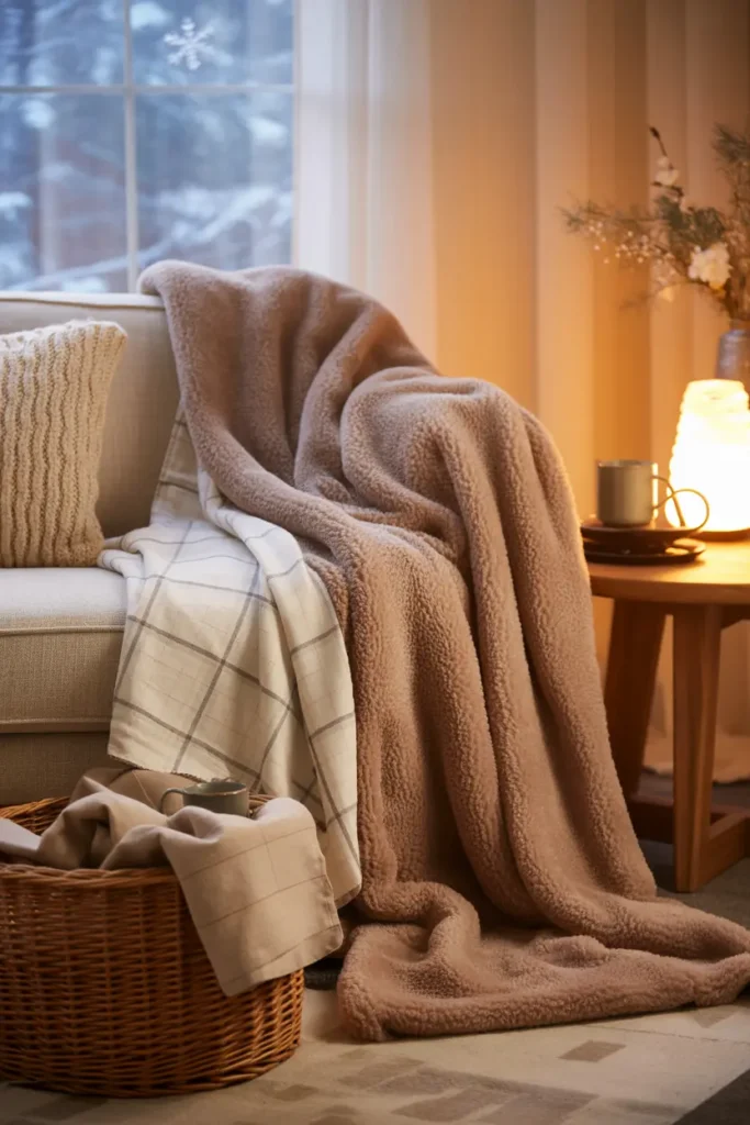 Plaid en laine mérinos taupe et lin crème superposés sur un canapé, avec panier à couvertures dans un salon d'hiver cosy