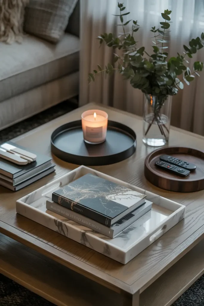 Plateaux déco en marbre, métal et bois pour organiser table basse dans un salon élégant