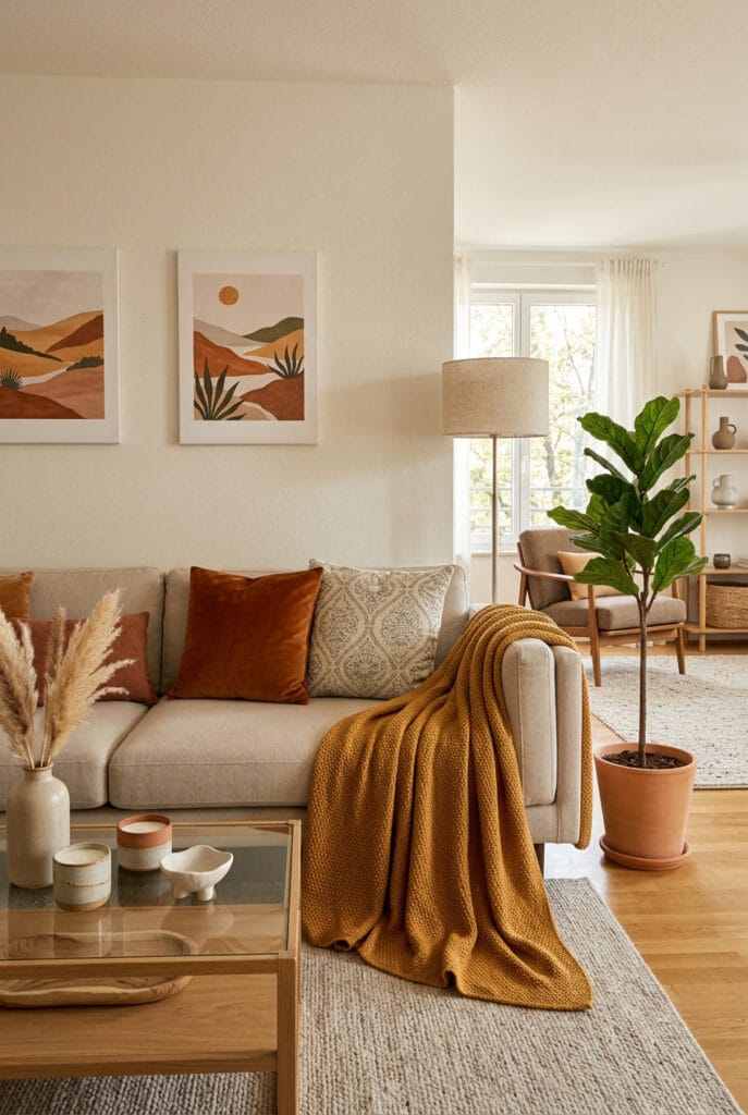 Décoration salon élégante avec jeté grand format retombant avec souplesse sur les côtés du canapé créant une mise en scène naturelle et raffinée