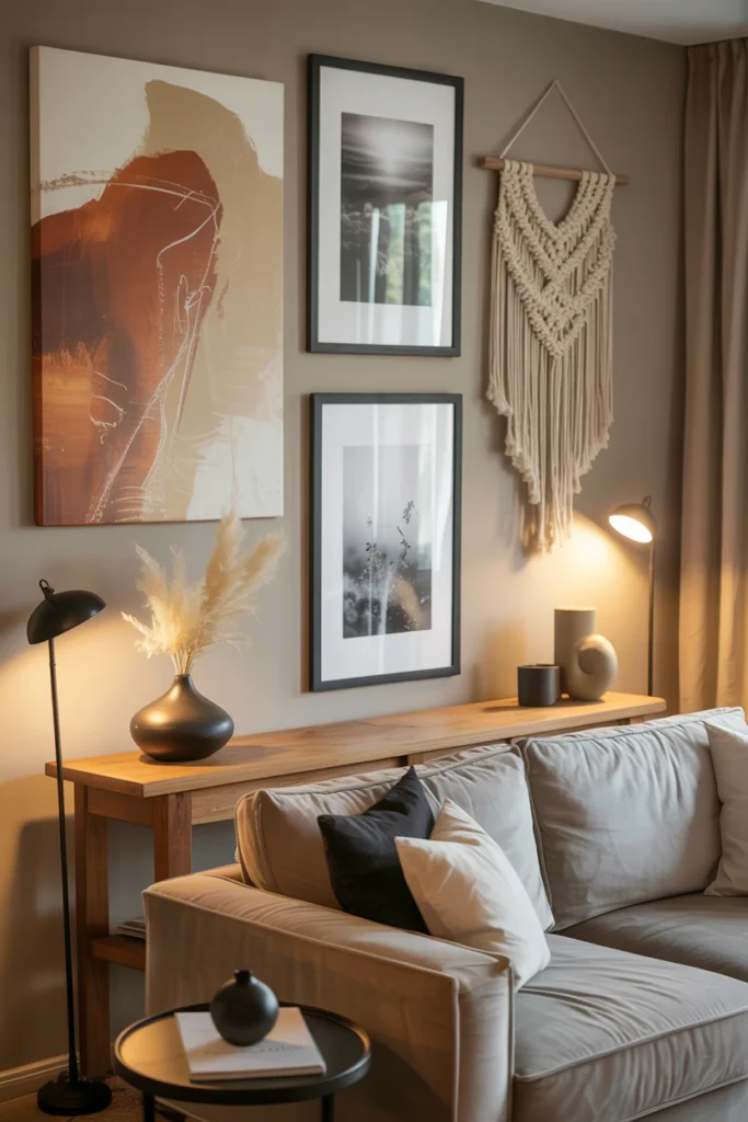 Galerie murale mixte avec toile abstraite, photos botaniques et macramé au-dessus d'un canapé velours dans un salon personnalisé