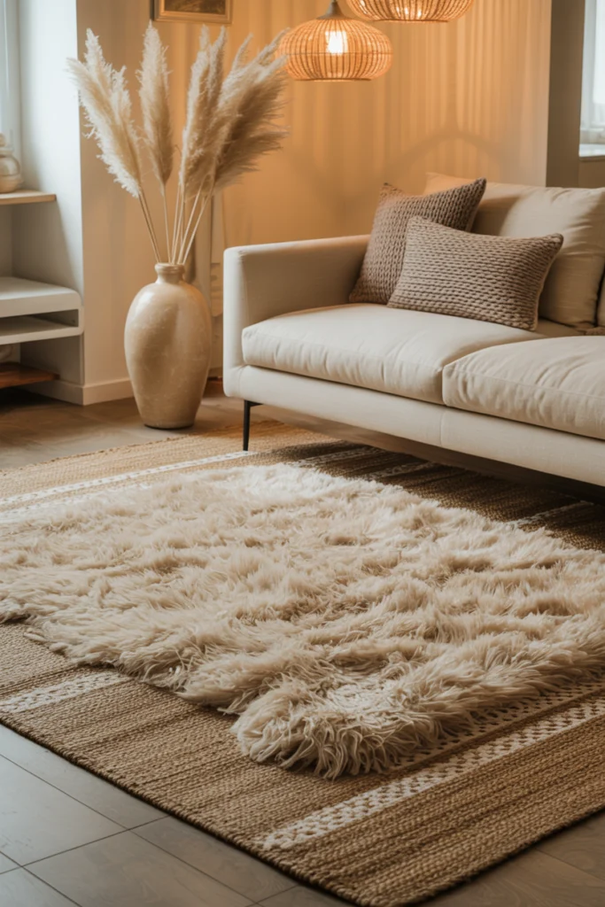 Tapis moelleux beige à poils longs sous un canapé en lin, avec superposition d'un tapis jute pour une déco salon cosy et texturée.