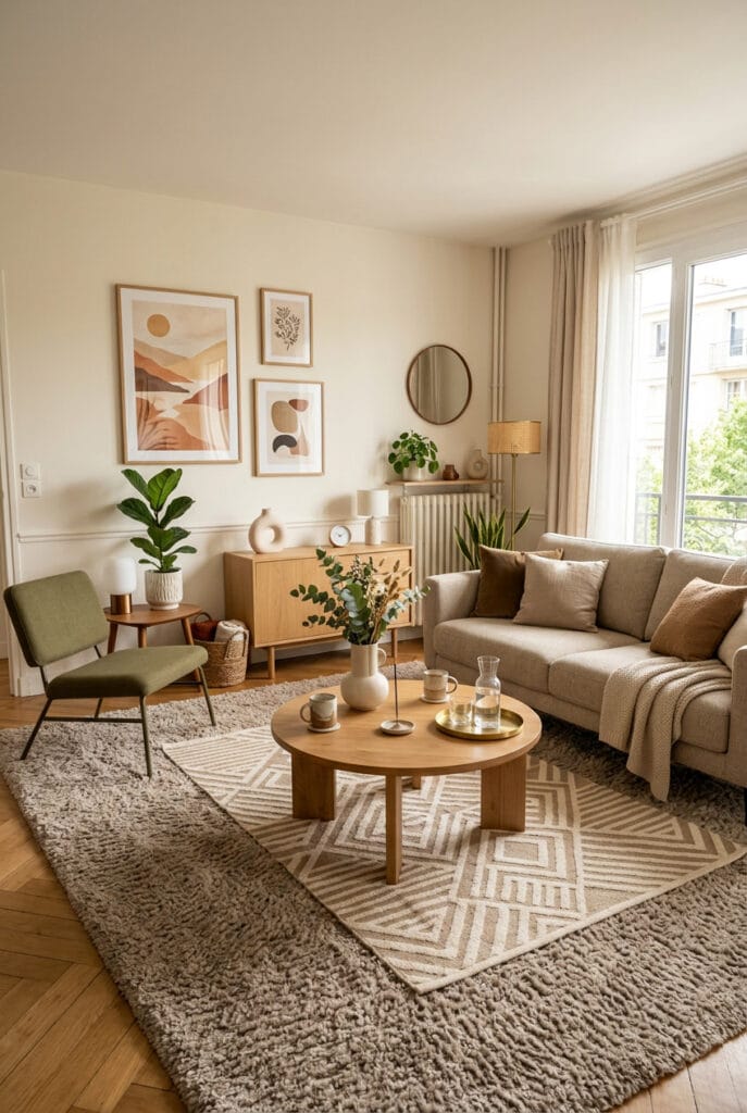 Décoration salon avec tapis moelleux en laine épaisse aux tons neutres taupe délimitant l'espace convivial dans une atmosphère douce et lumineuse