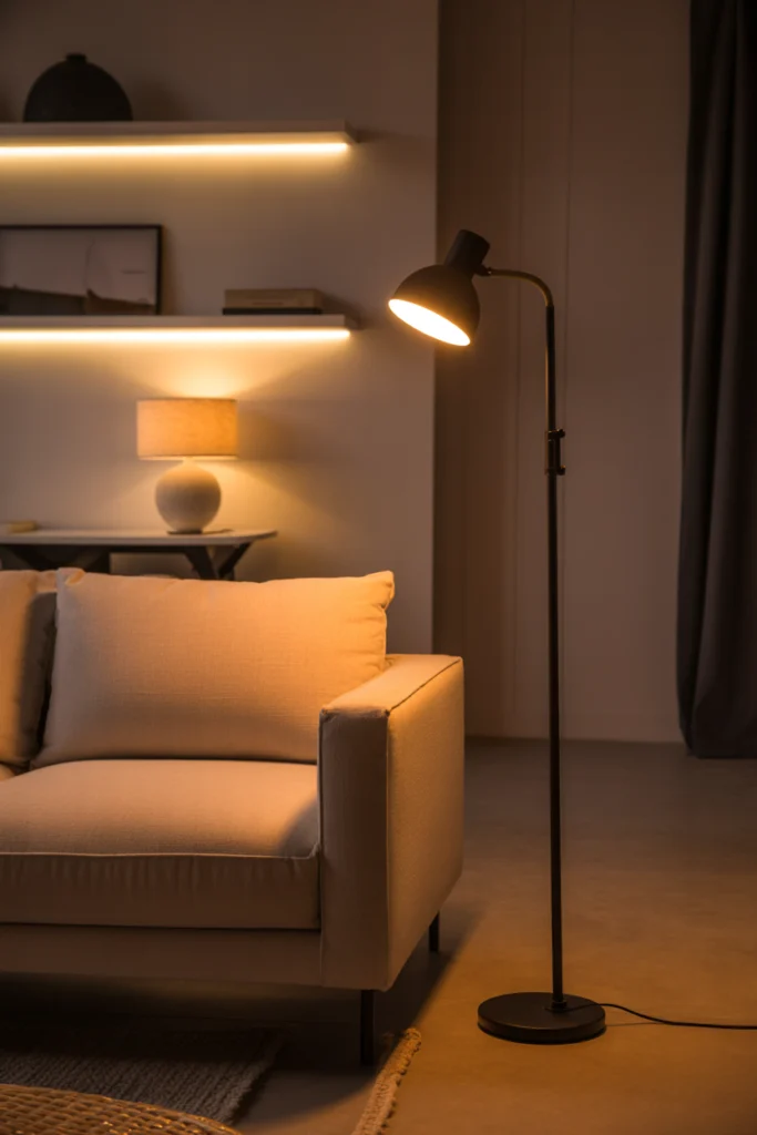 Décoration salon avec luminaires d’ambiance : lampadaire orientable, suspension à intensité variable et éclairage LED pour une lumière cosy.