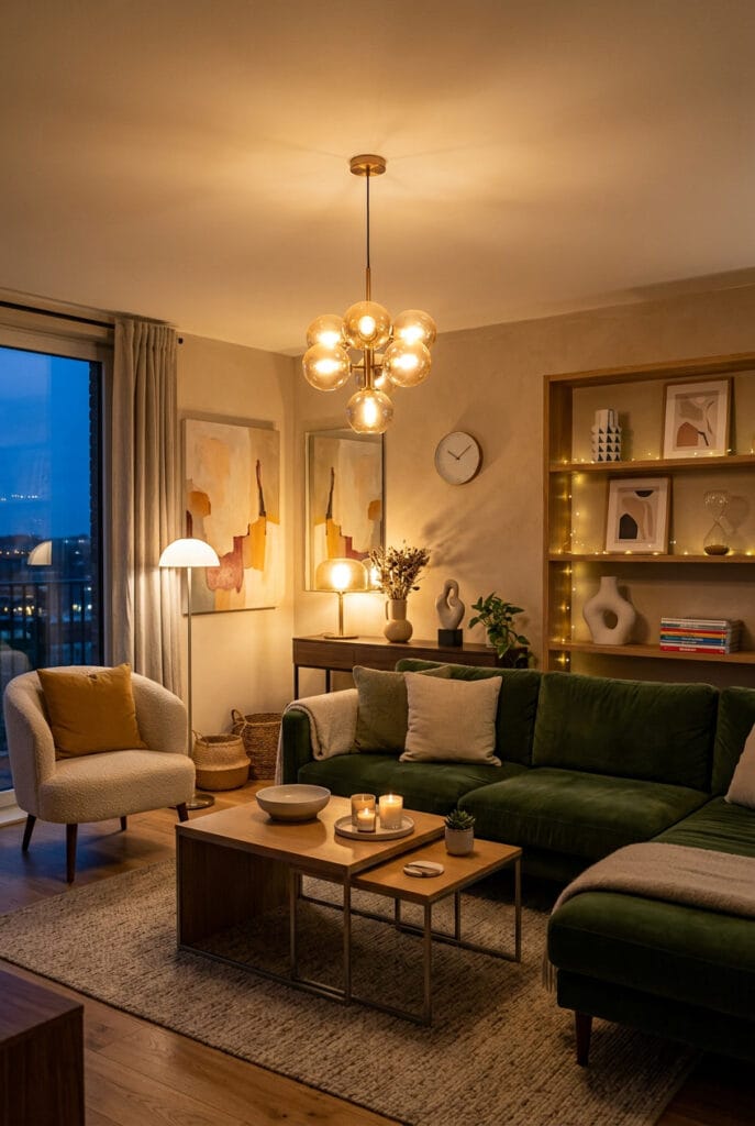 Décoration salon avec pools de lumière stratégiques entre lampe console guirlandes LED et plafonnier variable créant une atmosphère intimiste et sophistiquée