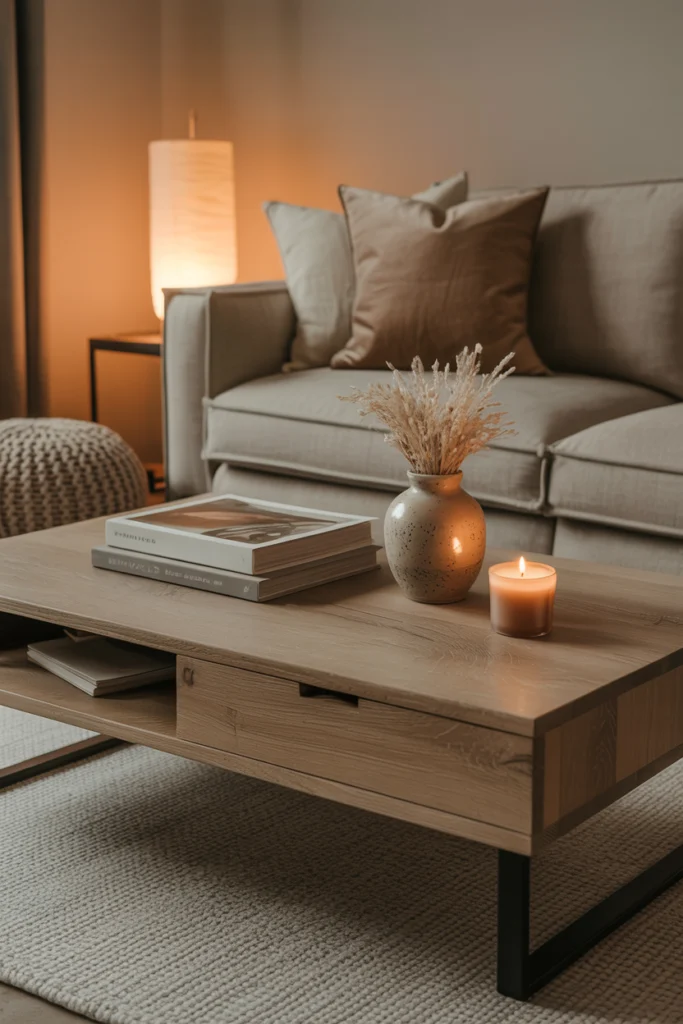 Table basse en chêne brut avec pieds métal noir, intégrée dans un salon cosy aux tons naturels