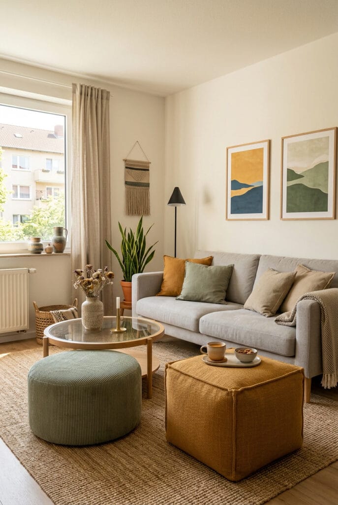 Décoration salon avec pouf modulable en velours côtelé jouant à la fois le rôle de repose-pieds et table d'appoint dans un intérieur cosy et chaleureux
