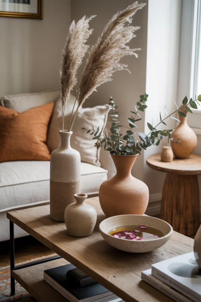 Vases artisanaux en céramique et terre cuite avec compositions végétales, sur console en bois dans un salon cosy