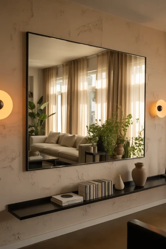 Miroir surdimensionné noir face à la fenêtre, reflétant la lumière et agrandissant visuellement un salon cosy