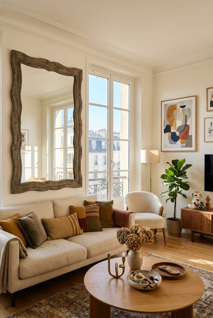 Décoration salon avec miroir surdimensionné au cadre travaillé en bois massif ou métal fin transformant le mur en véritable pièce artistique lumineuse