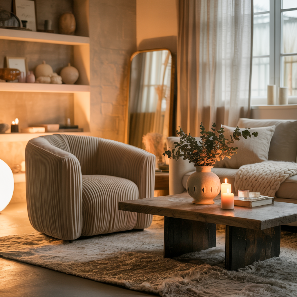 Décoration salon cosy avec fauteuil cannelé beige, poufs modulables, table basse en bois, étagères design, miroir surdimensionné et éclairage tamisé pour une ambiance chaleureuse et tendance.