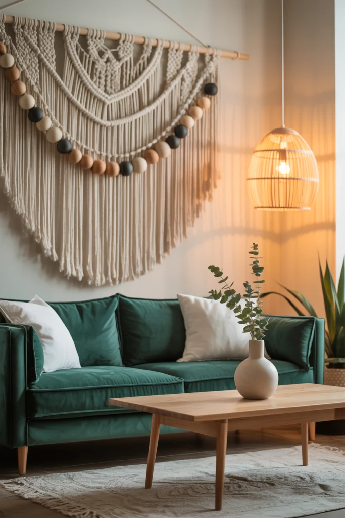 Suspension macramé bohème de 80cm au-dessus d'un canapé velours émeraude, créant une ambiance cocooning parfaite dans un salon contemporain.