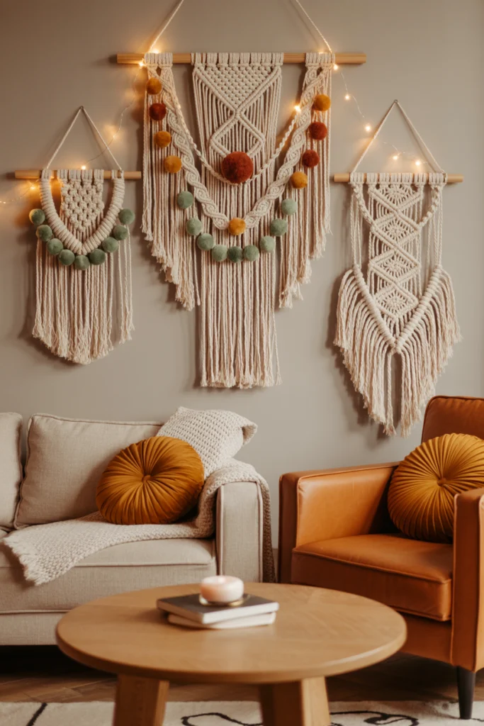 Composition de trois suspensions macramé aux motifs variés (géométrique, vague, diamant) avec guirlandes intégrées, dans des tons terreux harmonieux (terracotta, vert sage, moutarde).
