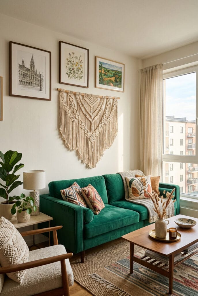 Suspension macramé bohème au-dessus d'un canapé en velours dans un salon cosy