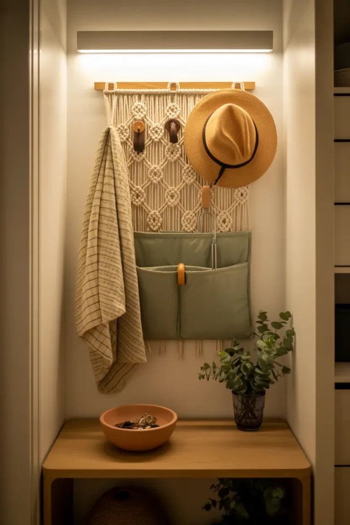 Organisateur mural macramé deux tons avec rangements multiples pour entrée étroite.