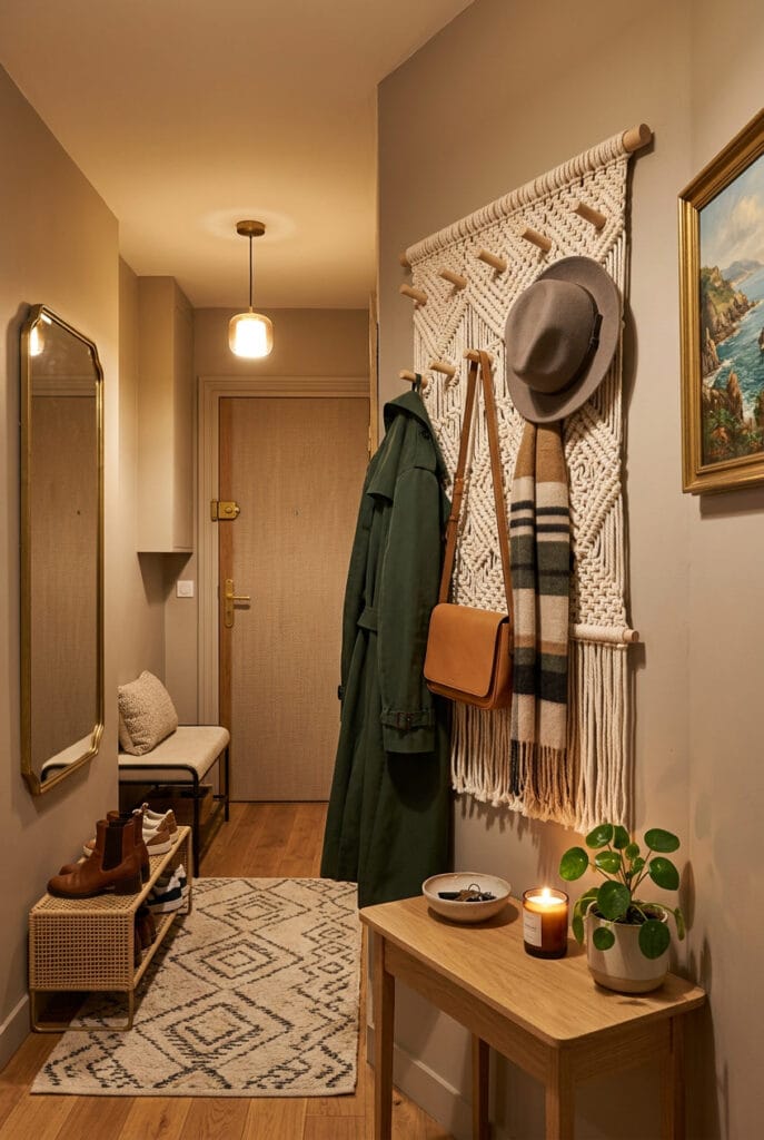 Porte-manteau en macramé design accroché dans une entrée chaleureuse