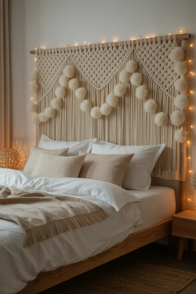 Tête de lit macramé dense avec éclairage LED intégré, surmontant un lit aux draps blancs dans une chambre au style bohème épuré.