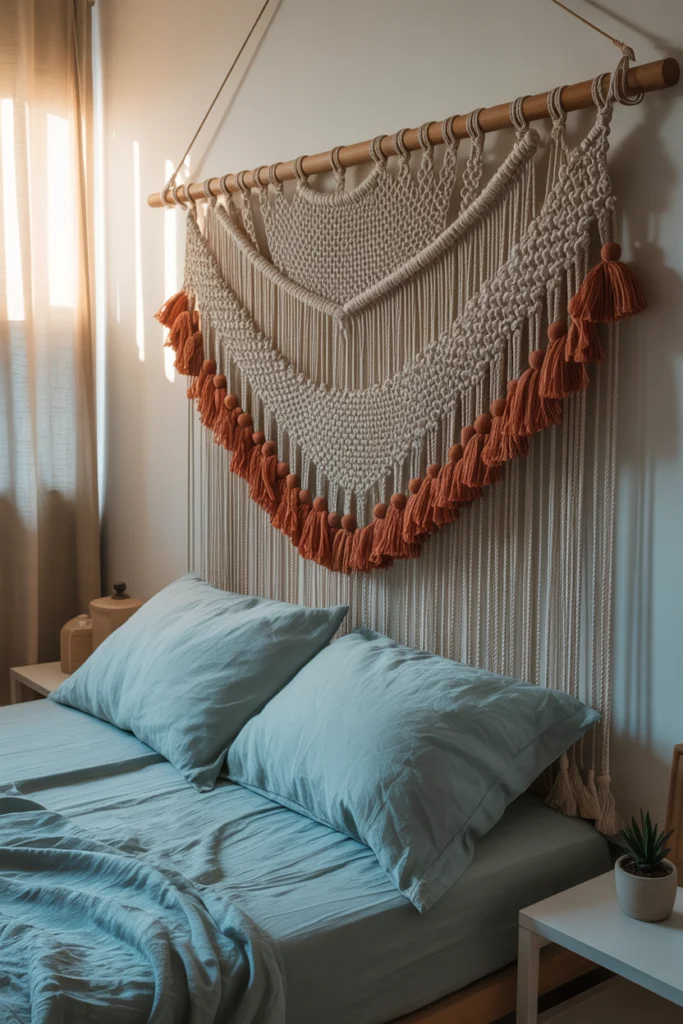 Tête de lit macramé "flottante" aux motifs aérés avec pompons en lin, harmonisée avec une literie bleu clair.