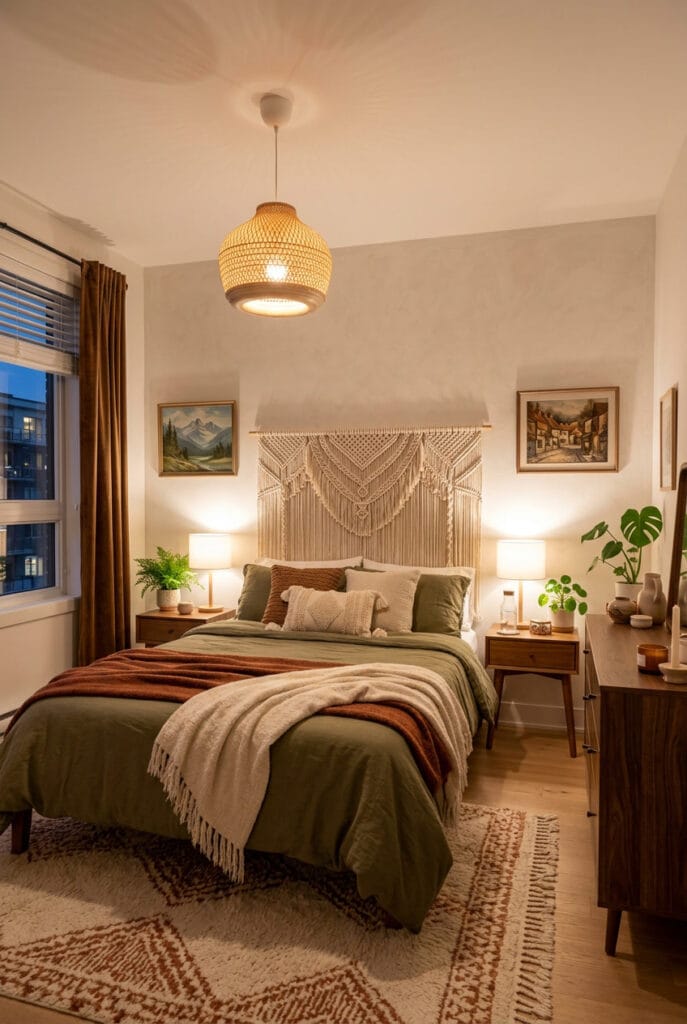 Tête de lit macramé au-dessus d'un lit dans une chambre apaisante