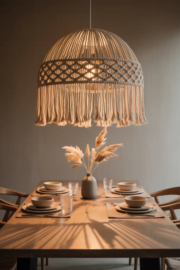 Abat-jour macramé globe suspendu à 75cm au-dessus d'une table à manger, diffusant une lumière chaude à travers ses motifs ajourés.