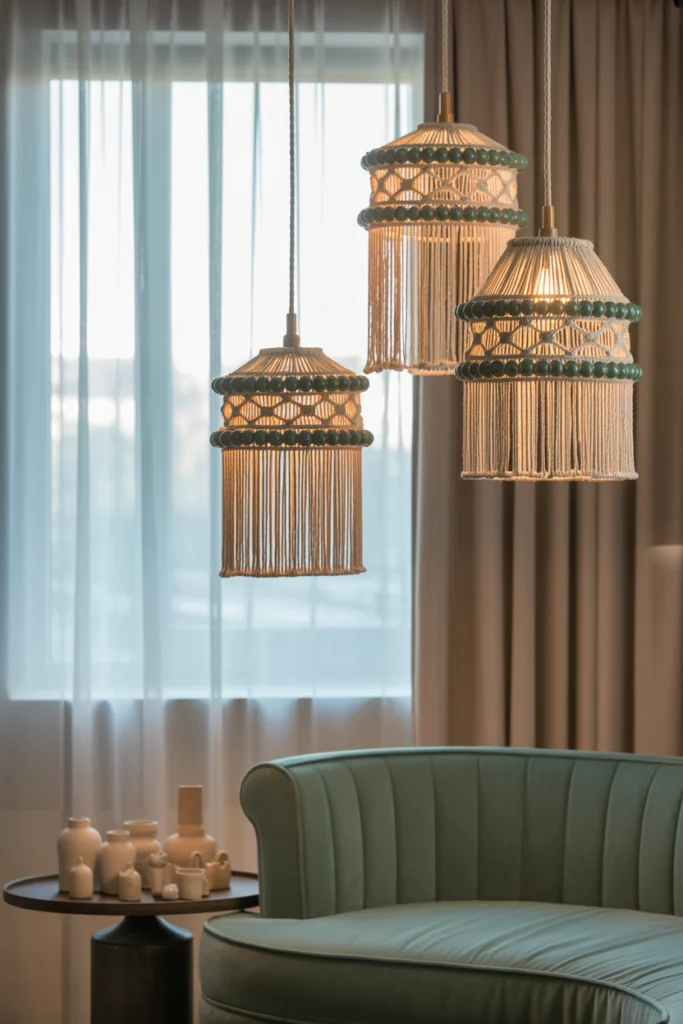 Composition de trois suspensions macramé à hauteurs décalées au-dessus d'un canapé velours, créant un jeu d'ombres et de lumières.