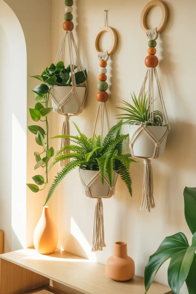Composition murale de trois porte-plantes macramé de tailles différentes avec pothos, fougère et tillandsia, agrémentée de perles céramiques.