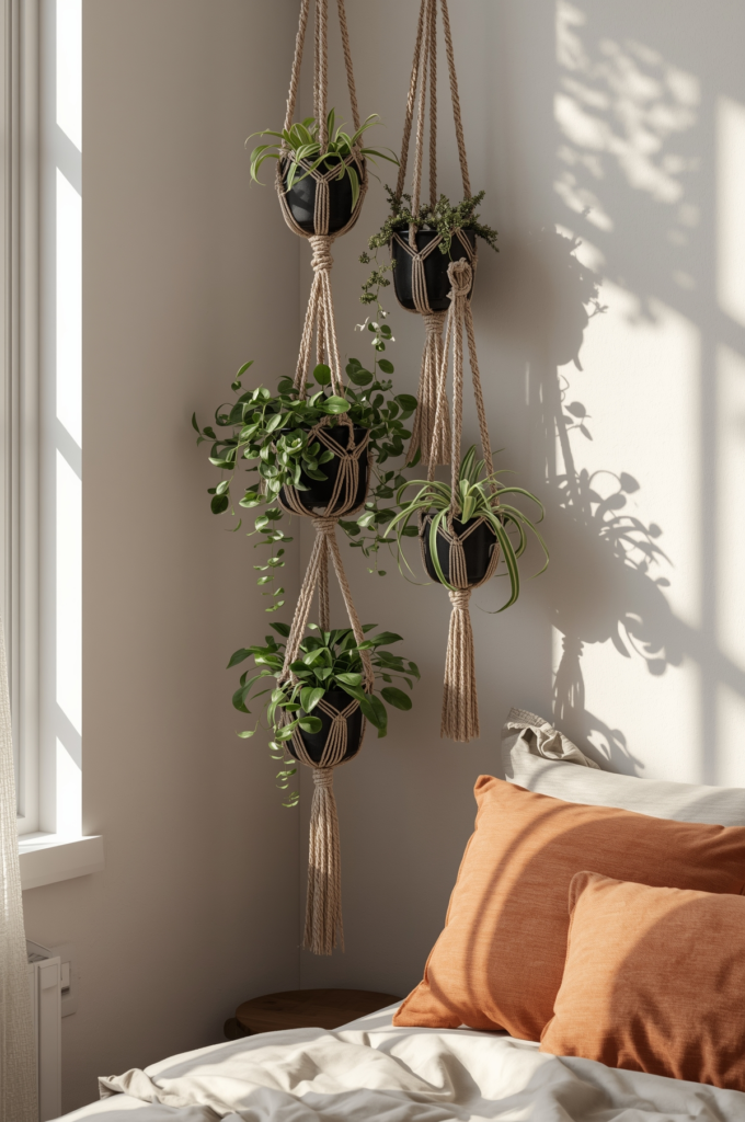 Effet cascade avec plusieurs porte-plantes macramé à longueurs dégradées dans un coin chambre bohème.