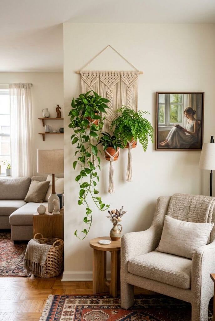 Porte-plantes mural en macramé avec fougères et pothos retombants