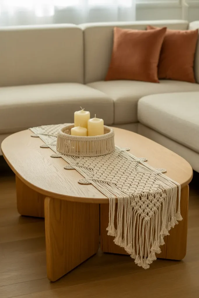 Table basse en chêne clair habillée d'une nappe macramé écru protégée par une plaque de verre, avec couronne de bougies assortie.