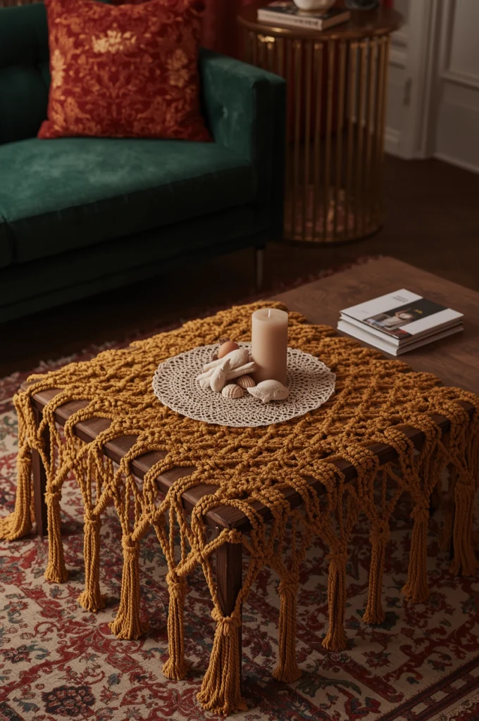 Table basse noyer habillée de macramé moutarde avec décoration estivale de coquillages, dans un salon aux tons profonds.