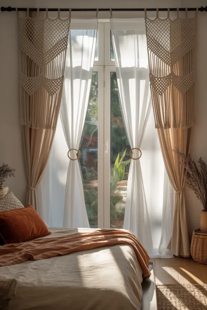 Rideaux macramé écru et voilage organza filtrant la lumière naturelle dans une chambre aux tons terreux.