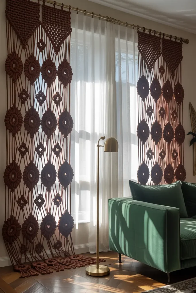 Rideaux macramé brun chocolat contrastant avec des voilages blancs dans un salon élégant