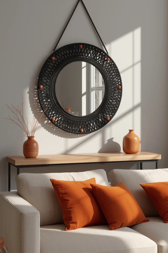 Grand miroir rond 80cm encadré de macramé noir graphique sur mur clair, créant des jeux d'ombre dans un salon moderne.