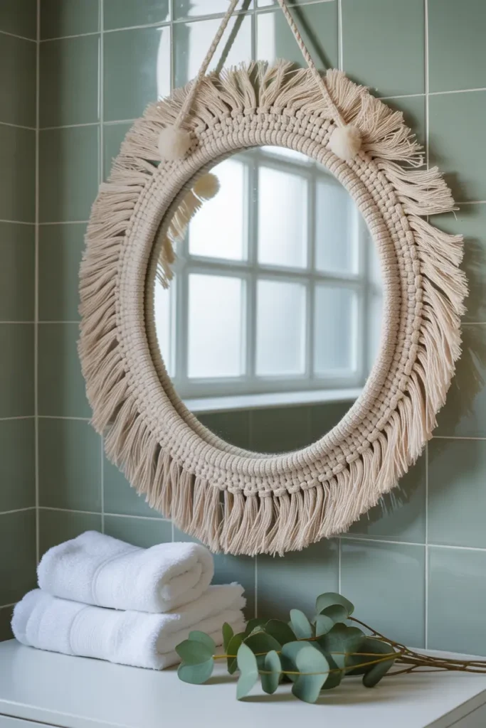 Miroir salle de bain 45cm avec cadre macramé beige et pompons crème sur mur vert sage, ambiance spa.