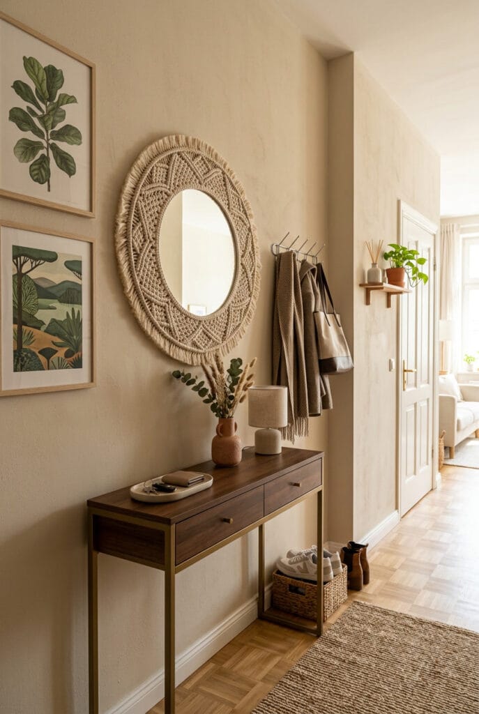 Miroir encadré de macramé aux motifs graphiques dans une décoration bohème