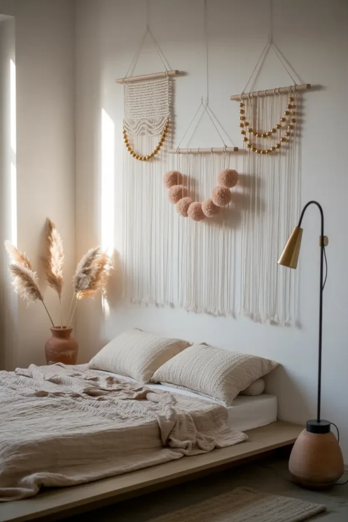 Triptyque macramé aux motifs variés sur mur blanc, ambiance zen et épurée.