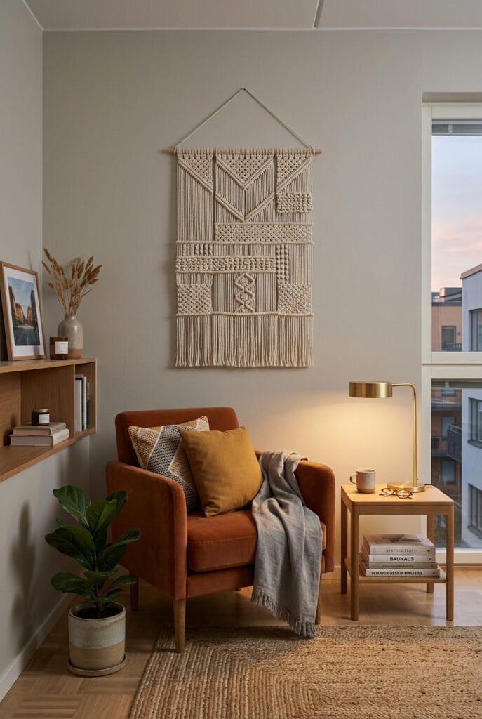 Panneau mural en macramé aux lignes géométriques et épurées