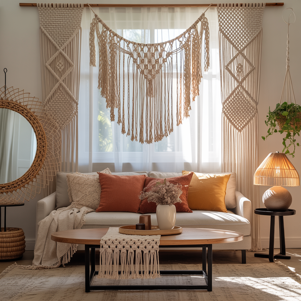 Décor d'intérieur contemporain bohème avec multiples éléments macramé neufs : suspension murale, porte-plantes, nappe de table, rideaux et abat-jour, dans une palette de tons naturels et chauds.