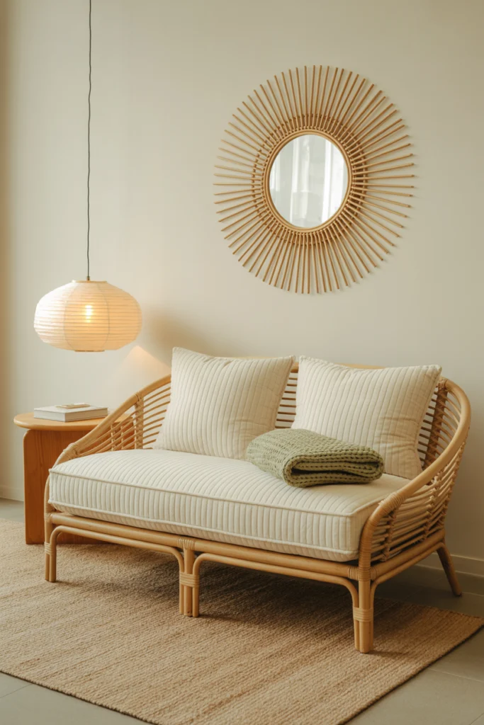 meuble en rotin canapé design avec coussins velours et éclairage contemporain