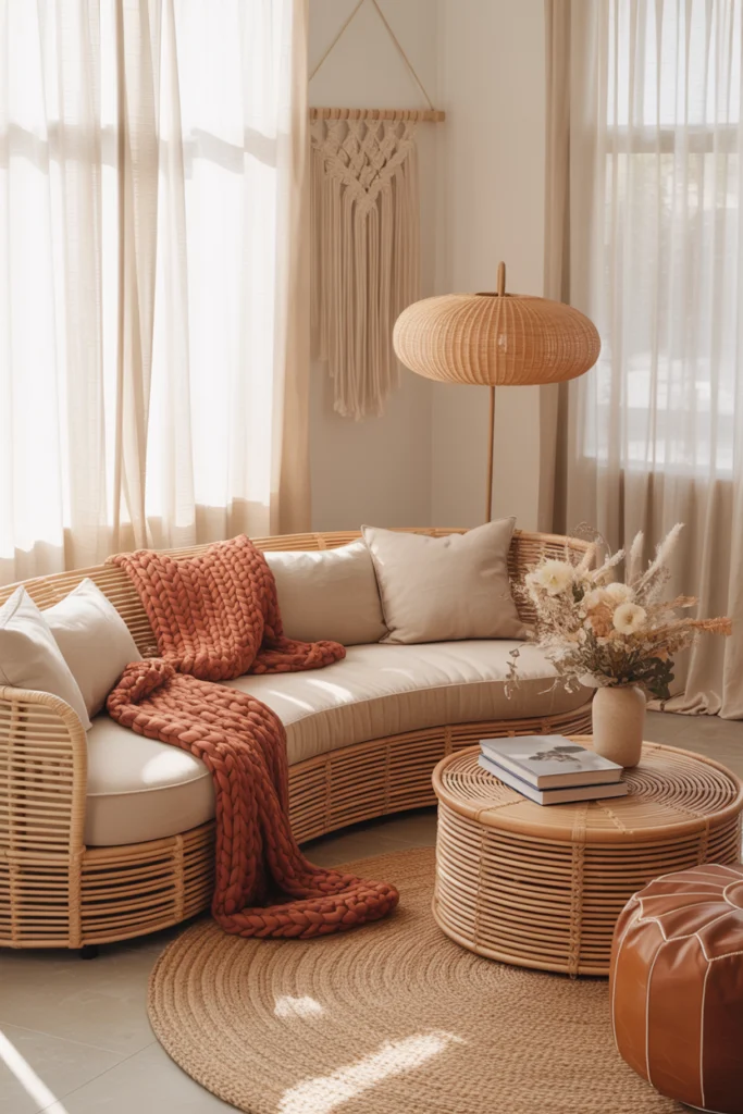 meuble en rotin canapé courbé dans un intérieur cosy et actuel