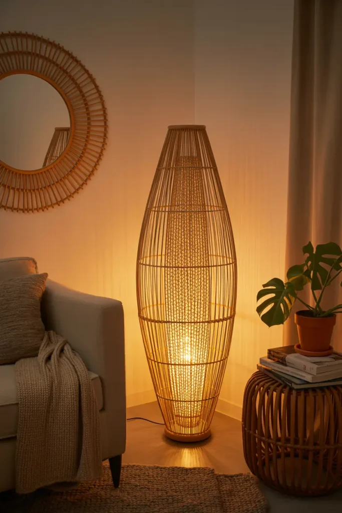 meuble en rotin lampadaire en rotin pour coin lecture