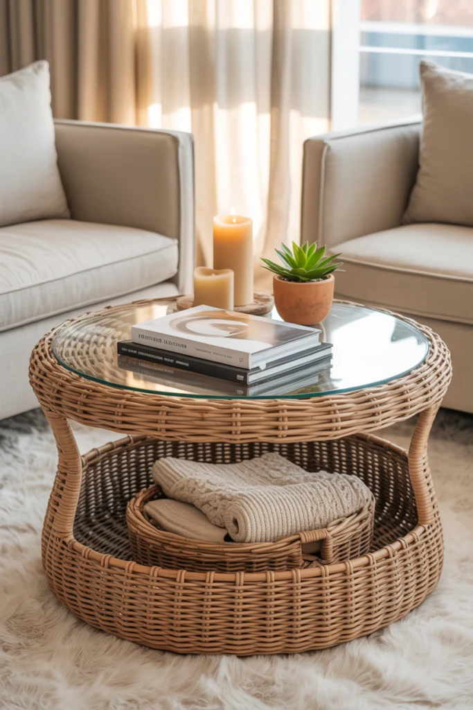 meuble en rotin table basse naturelle avec plateau verre dans salon cosy