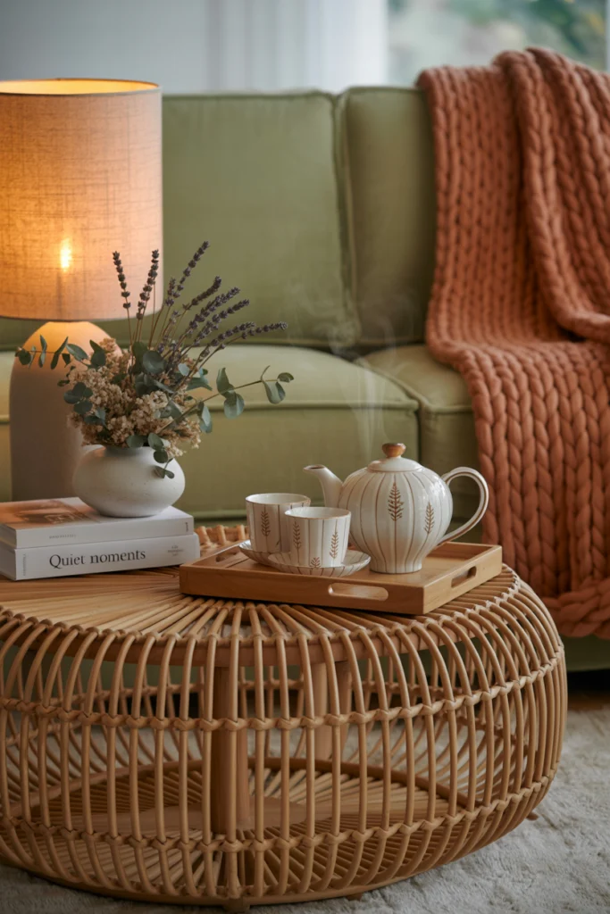 meuble en rotin table basse avec lampe et décoration soirée cosy