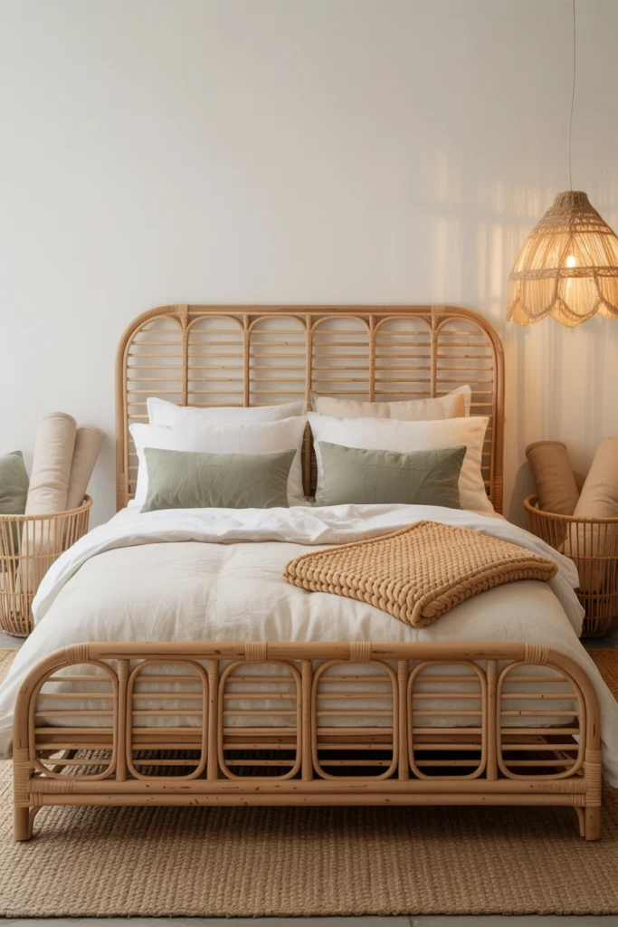 meuble en rotin lit en rotin naturel avec literie en lin et suspension macramé