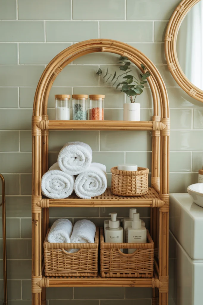 meuble en rotin étagère salle de bain rangement naturel