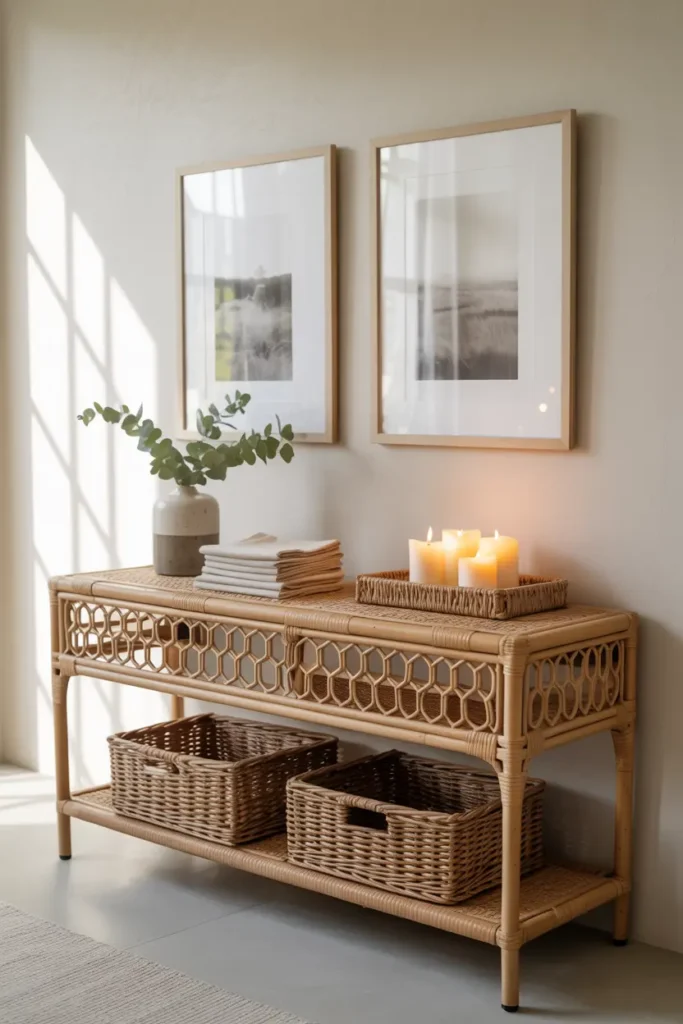 meuble en rotin console d'entrée avec rangements et décoration épurée