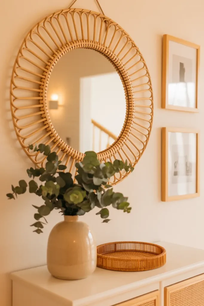 meuble en rotin miroir soleil en rotin naturel dans une entrée élégante