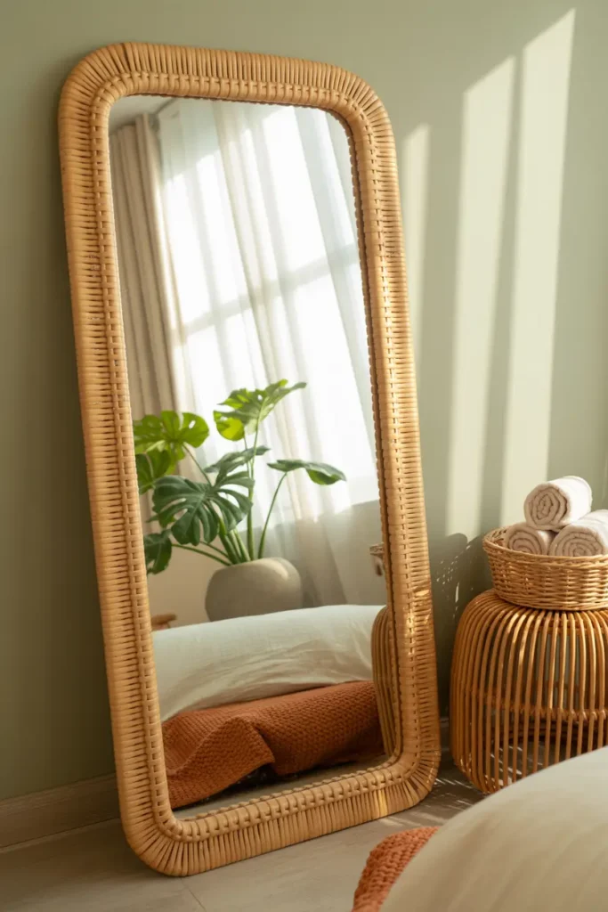 meuble en rotin miroir pivotant en rotin pour chambre bohème